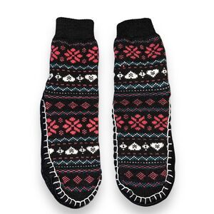 Womens Slipper Socks Knit Fair Isle Design Black Pink